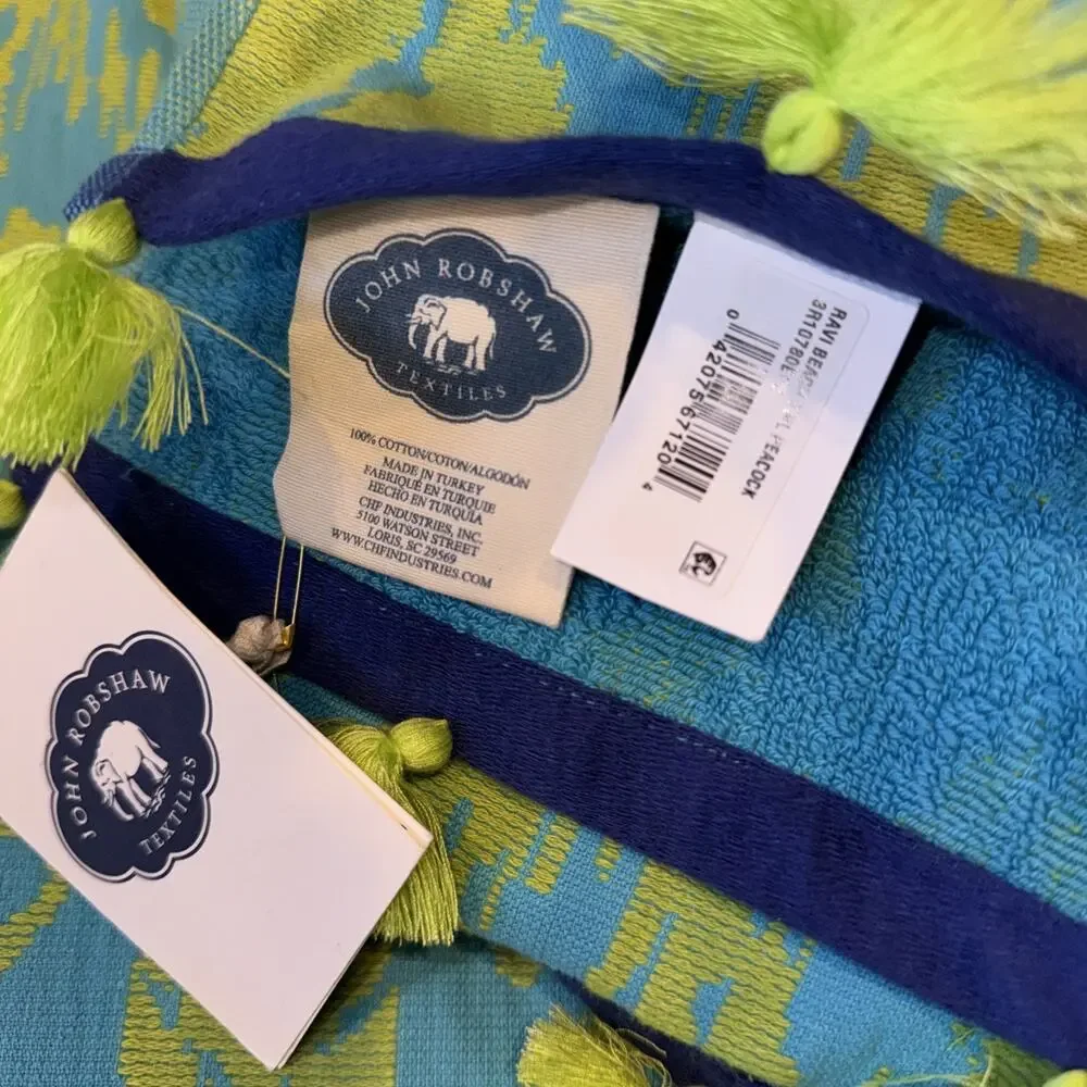 2 NEW John Robshaw Ravi Peacock Beach Towels Tassels 40